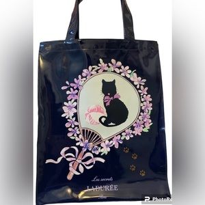 Rare Ladurée Paris Les Secrets Patent Navy Cat Large Tote Bag Hard to Find Print
